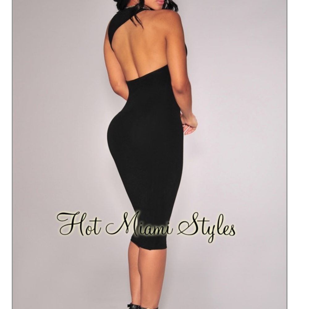 Black ribbed knit open back dress